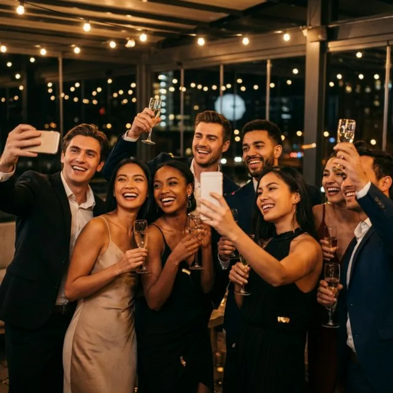 Freunde fotografieren sich auf einer Geburtstagsfeier mit dem Handy