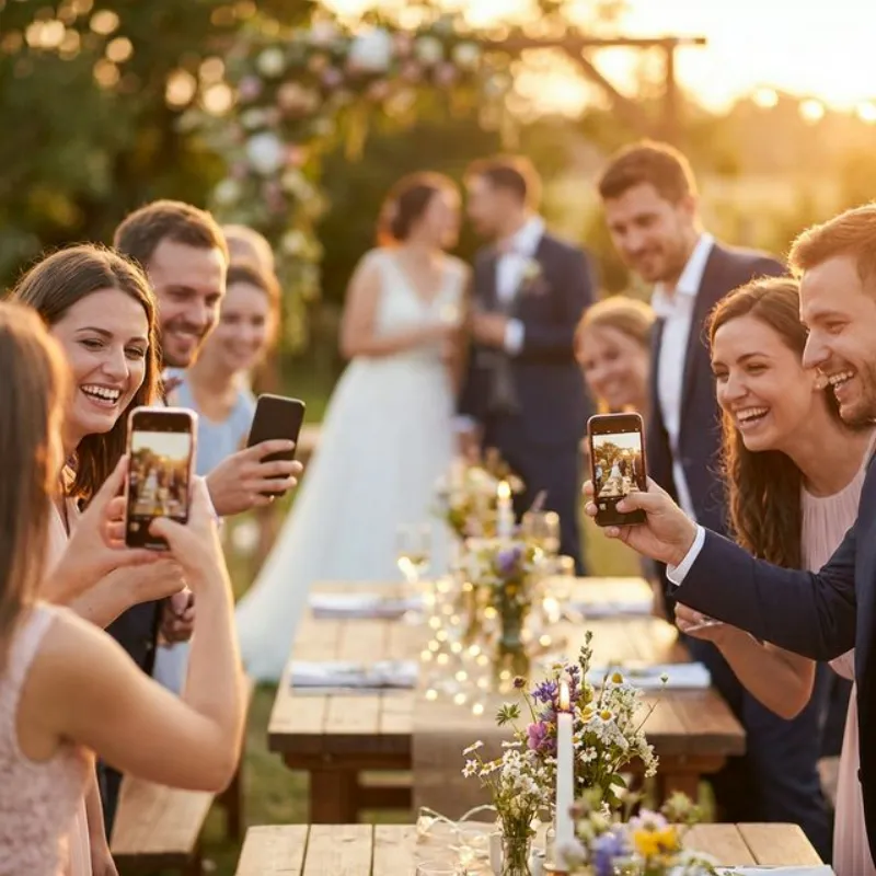 Gäste fotografieren auf einer Hochzeitsfeier mit dem Handy